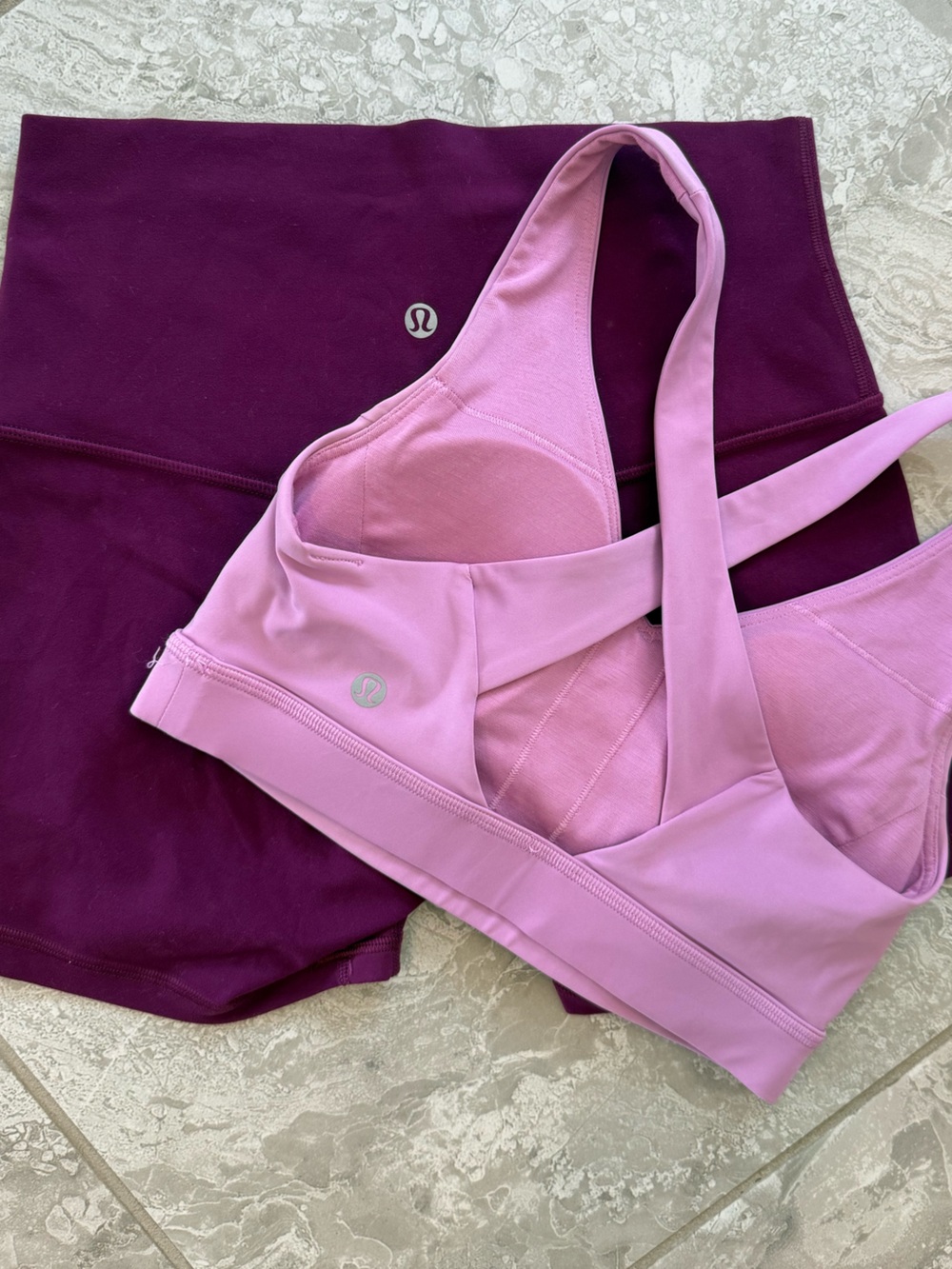 lululemon set! Pink Cross-Back Sports Bra and Purple Align shorts, Sizes 4 & 6